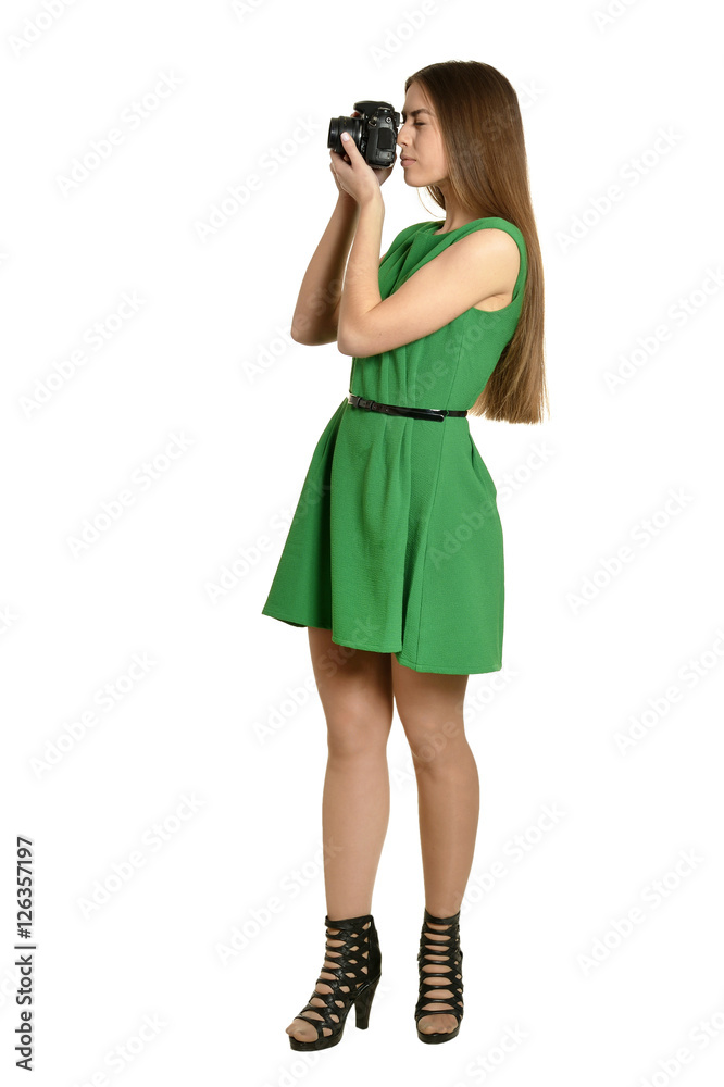 Young beautiful caucasian woman with camera Young beautiful caucasian woman with camera