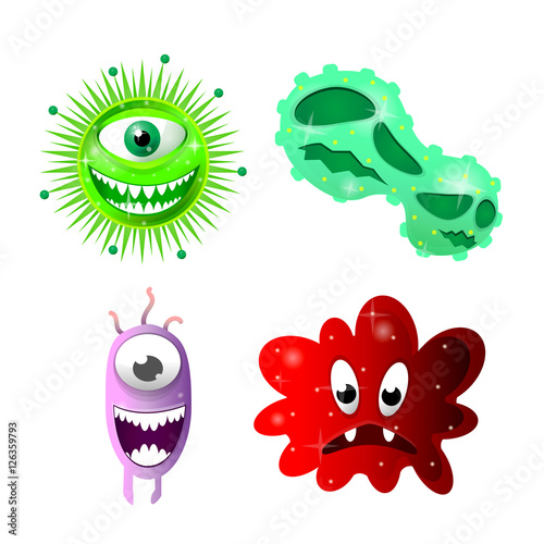 Fototapeta Naklejka Na Ścianę i Meble -  Set of cartoon bacteria, fun characters, cute monsters with different shapes, colors and facial expressions.