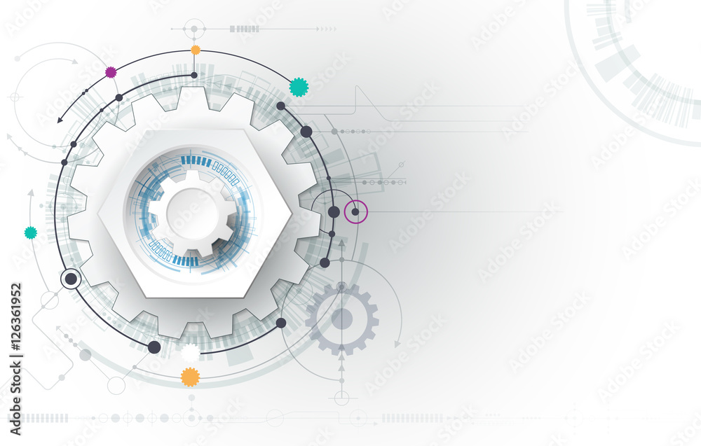Vector illustration gear wheel, hexagons and circuit board, Hi-tech digital technology and engineering, digital telecom technology concept. Abstract futuristic on light blue color background Vector illustration gear wheel, hexagons and circuit board, Hi-tech digital technology and engineering, digital telecom technology concept. Abstract futuristic on light blue color background