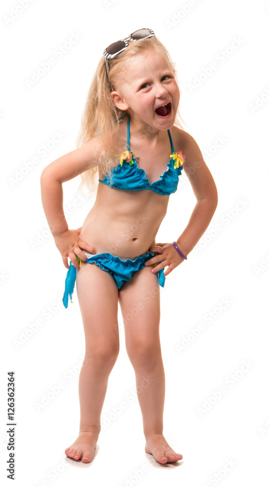 Little blond girl in bathing suit and sunglasses isolated. Little blond girl in bathing suit and sunglasses isolated.