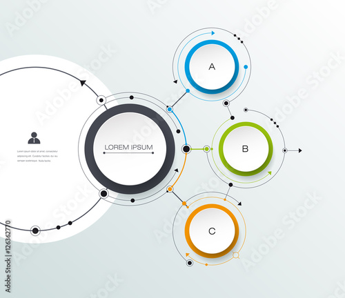 Vector molecule with 3D paper label, integrated circles background. Blank space for content, business, infographic, diagram, digital network, flowchart. Social network connection technology concept