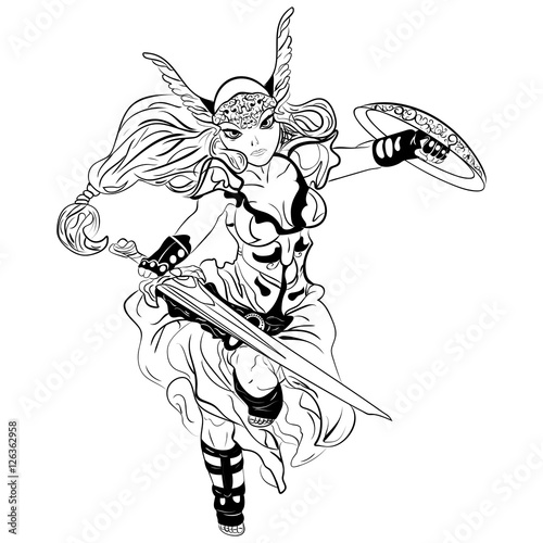 black and white vector sketch cartoon Valkyrie