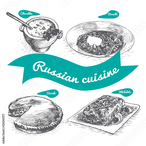 Monochrome vector illustration of Russian cuisine.