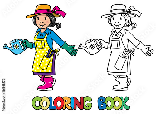 Coloring book of funny woman gardener.