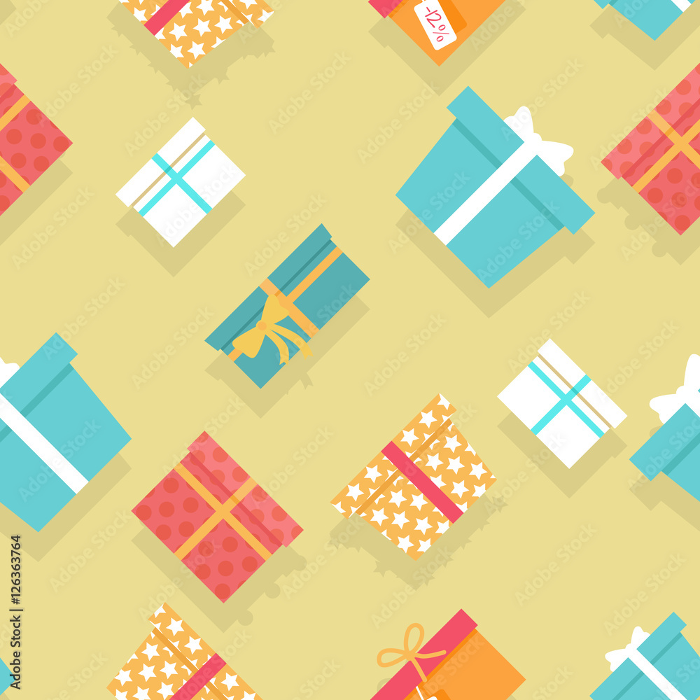 Seamless Pattern Gift Boxes with Ribbons and Bows