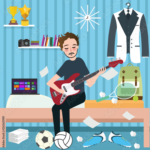 boys man room holding guitar in dorm play music