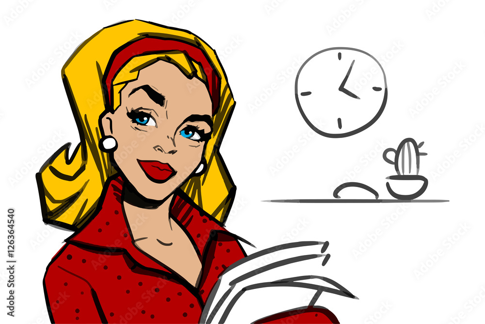 A successful female businesswoman retro style pop art. Vector illustration. Isolated on a white background.