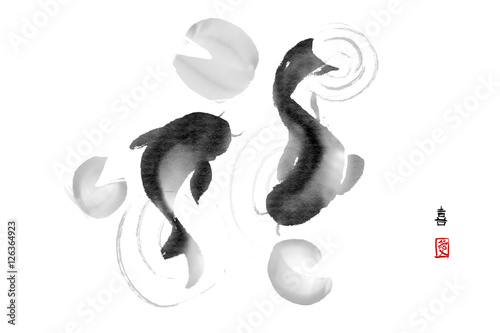 Black koi carps hand drawn in traditional Japanese style sumi-e . Contains hieroglyphs "luck" and "love"
