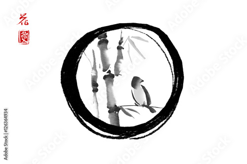 Bird sitting on a bamboo branch in a black zen circle hand drawn in traditional Japanese style sumi-e. Isolated on a white background. Contains hieroglyphs "love" and "luck"