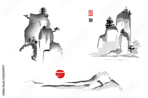 Set of mountain mist landscapes Japanese style original sumi-e ink painting. Hieroglyphs featured means love and sincerity. Great for greeting cards, posters or texture design.