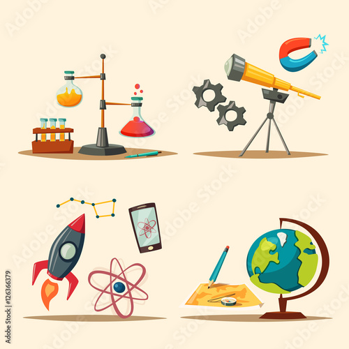 Set of science logo. Cartoon vector illustration. Education theme