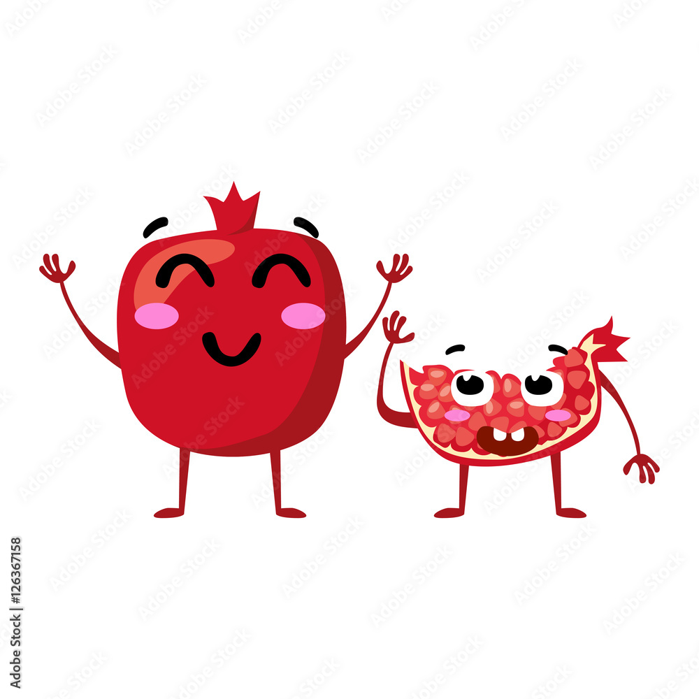 Garnet. Cute fruit vector character couple isolated on white background. Funny emoticons faces. Vector illustration. Vector clip art.