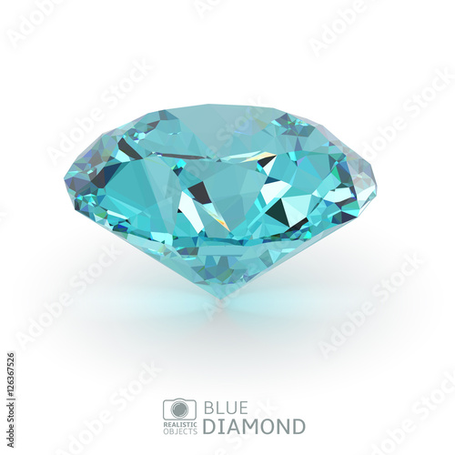 Shiny realistic 3d blue diamond isolated on white background, front view, vector illustration