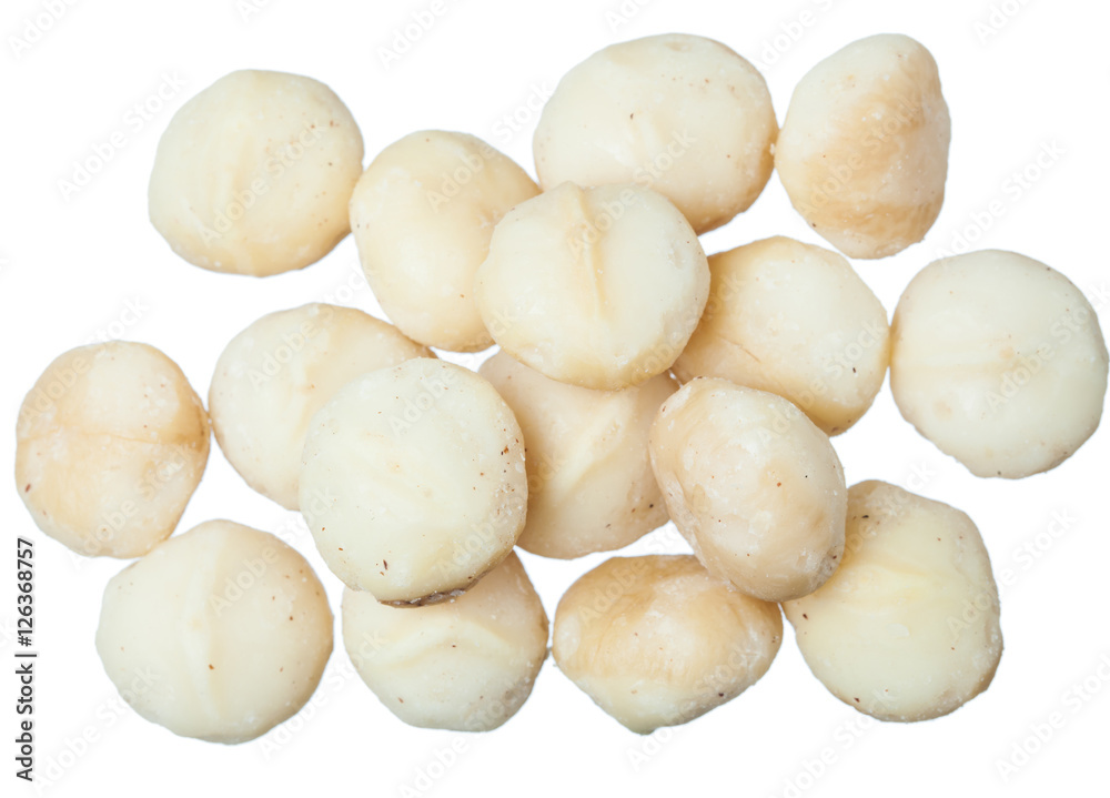 macadamia nuts isolated on white background. Healthy diet.