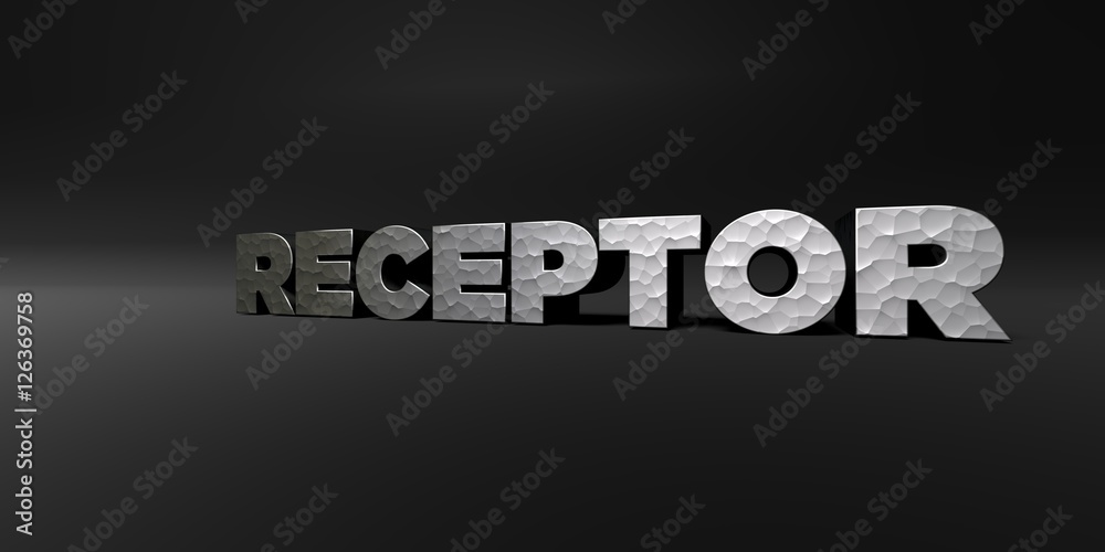 RECEPTOR - hammered metal finish text on black studio - 3D rendered royalty free stock photo. This image can be used for an online website banner ad or a print postcard.