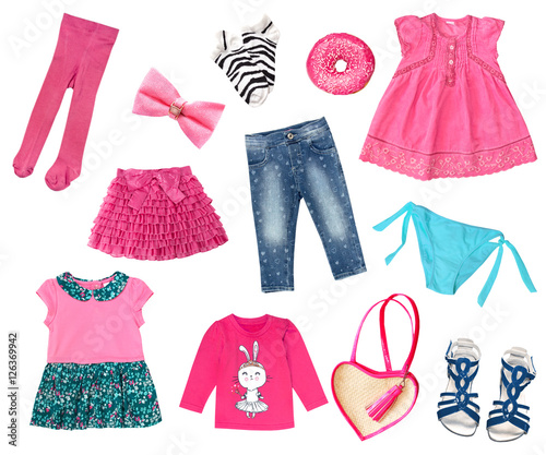 Baby child girl fashion clothes collage isolated. © nys