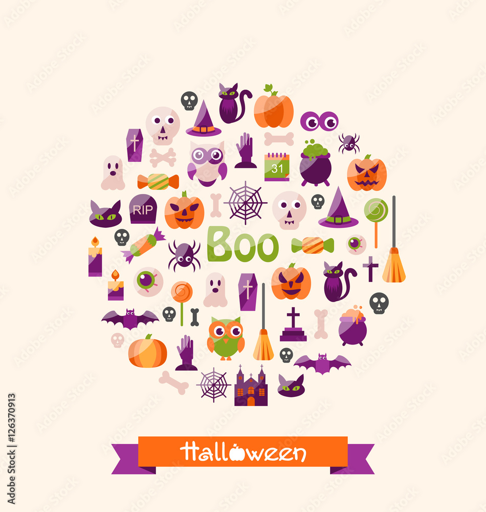 Halloween Colorful Flat Icons. Party Background