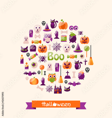 Halloween Colorful Flat Icons. Party Background