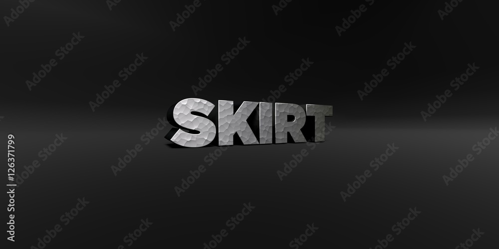 SKIRT - hammered metal finish text on black studio - 3D rendered royalty free stock photo. This image can be used for an online website banner ad or a print postcard.