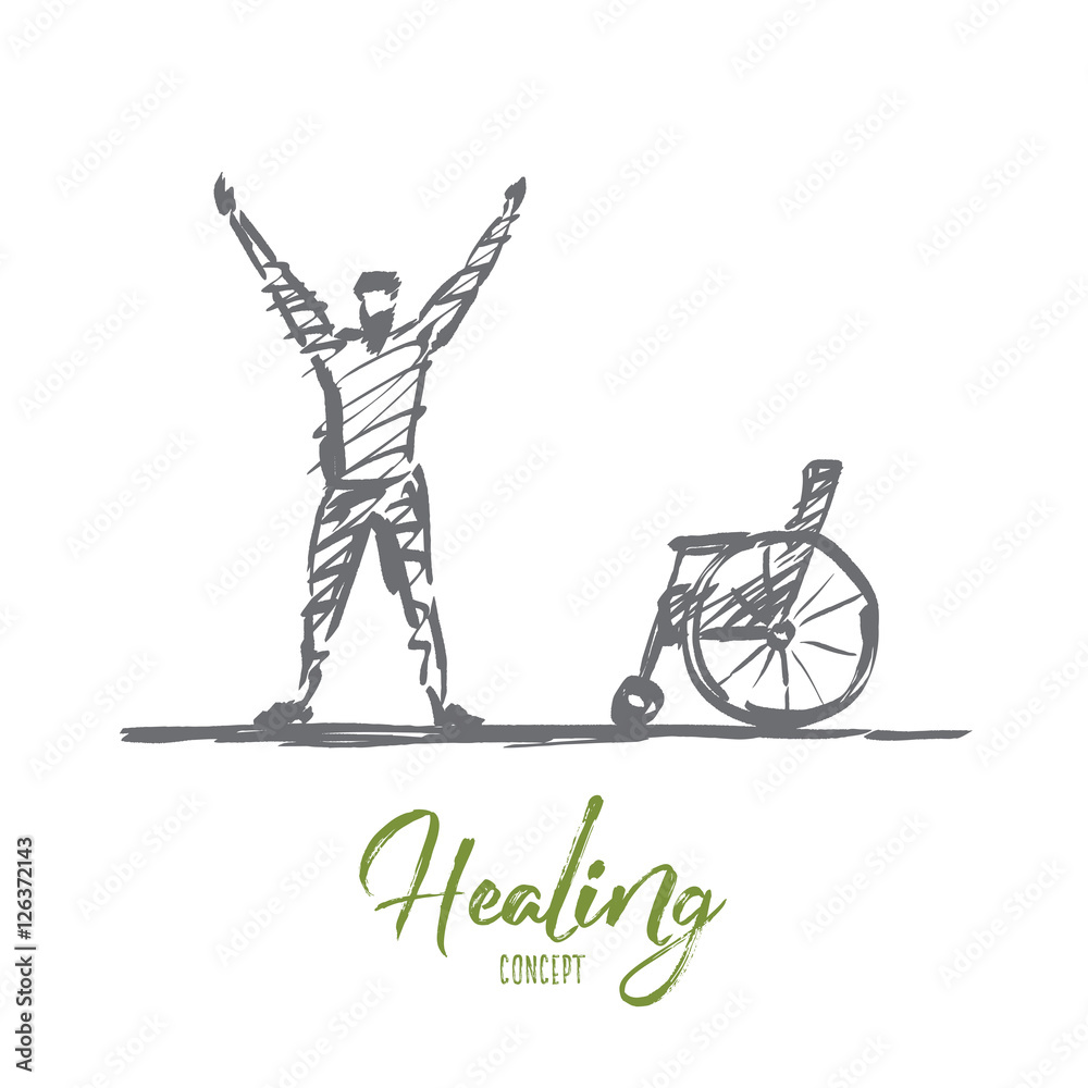 Vector hand drawn healing concept sketch. Happy man standing under the Sun and holding needless crutches on raised hands. Lettering Healing concept Vector hand drawn healing concept sketch. Happy man standing under the Sun and holding needless crutches on raised hands. Lettering Healing concept