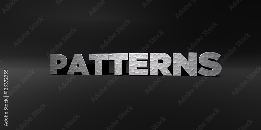 PATTERNS - hammered metal finish text on black studio - 3D rendered royalty free stock photo. This image can be used for an online website banner ad or a print postcard.