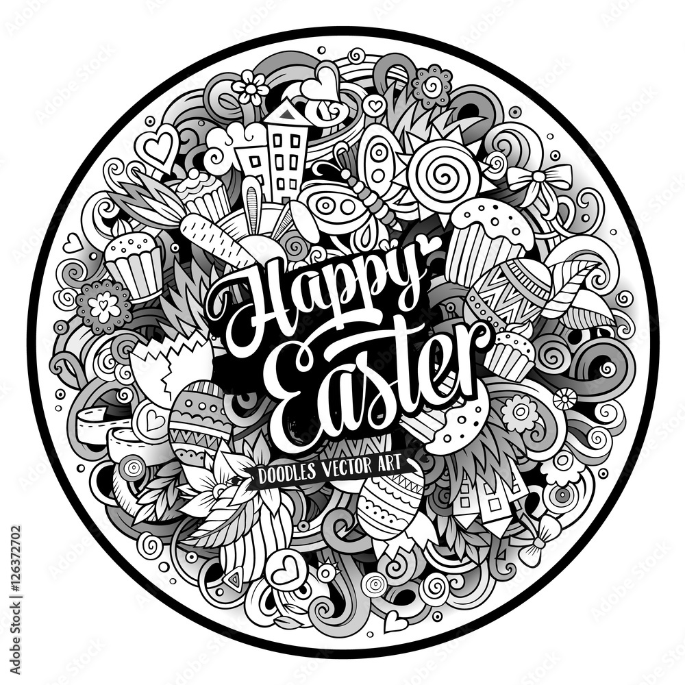 Fototapeta premium Cartoon vector hand drawn Doodle Happy Easter round design