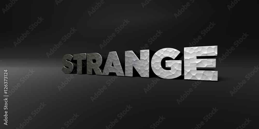 STRANGE - hammered metal finish text on black studio - 3D rendered royalty free stock photo. This image can be used for an online website banner ad or a print postcard. STRANGE - hammered metal finish text on black studio - 3D rendered royalty free stock photo. This image can be used for an online website banner ad or a print postcard.