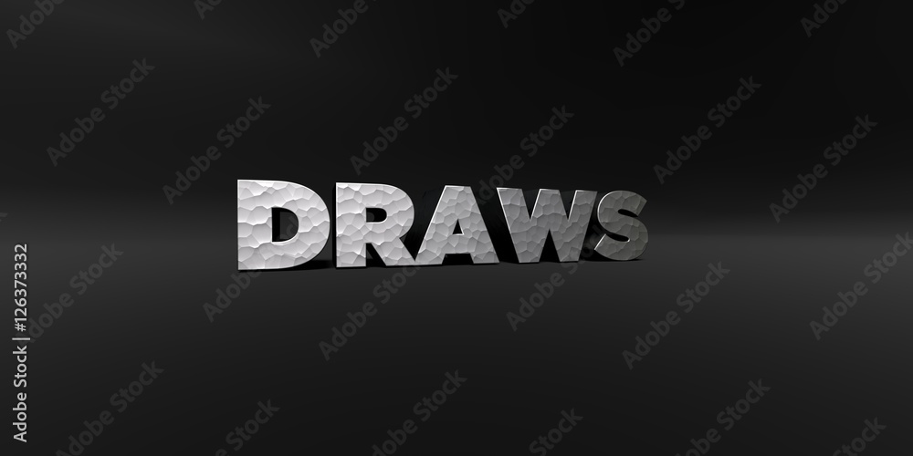 DRAWS - hammered metal finish text on black studio - 3D rendered royalty free stock photo. This image can be used for an online website banner ad or a print postcard.
