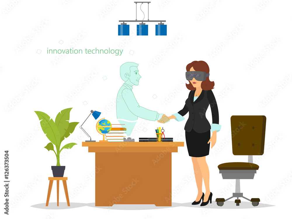 woman communicates, works and enter into business transactions in a virtual reality. woman communicates, works and enter into business transactions in a virtual reality.