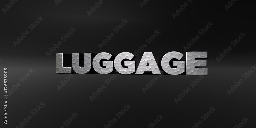 LUGGAGE - hammered metal finish text on black studio - 3D rendered royalty free stock photo. This image can be used for an online website banner ad or a print postcard.