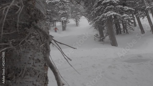 woman skis through trees in fresh snow