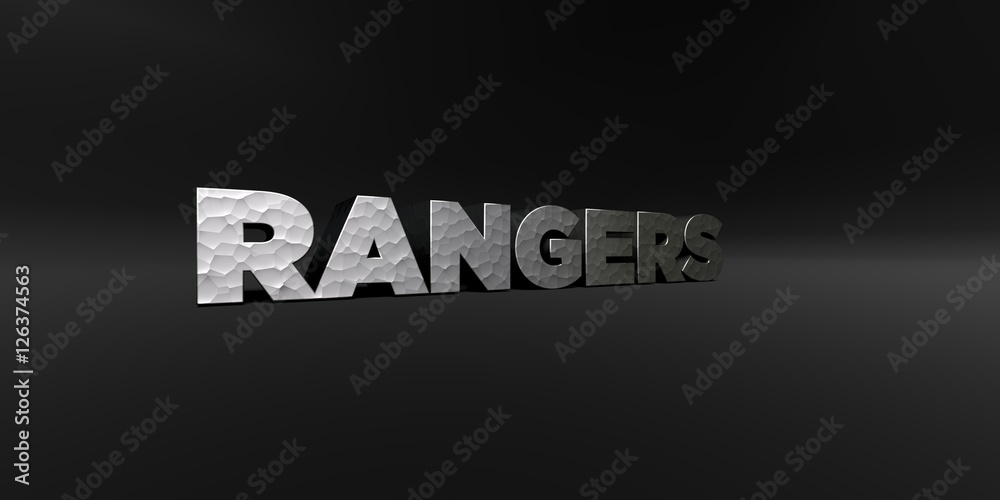 Obraz premium RANGERS - hammered metal finish text on black studio - 3D rendered royalty free stock photo. This image can be used for an online website banner ad or a print postcard.