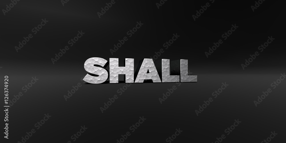 SHALL - hammered metal finish text on black studio - 3D rendered royalty free stock photo. This image can be used for an online website banner ad or a print postcard.