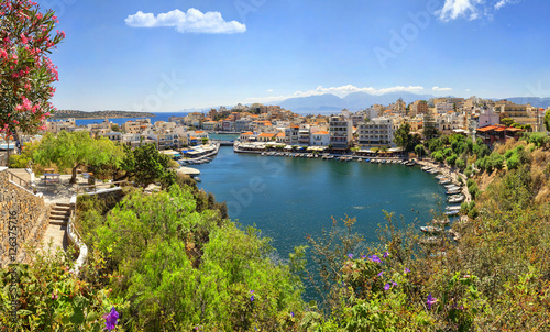 Panorama of Agios Nikolaos and Voulismeni lake in Crete island,