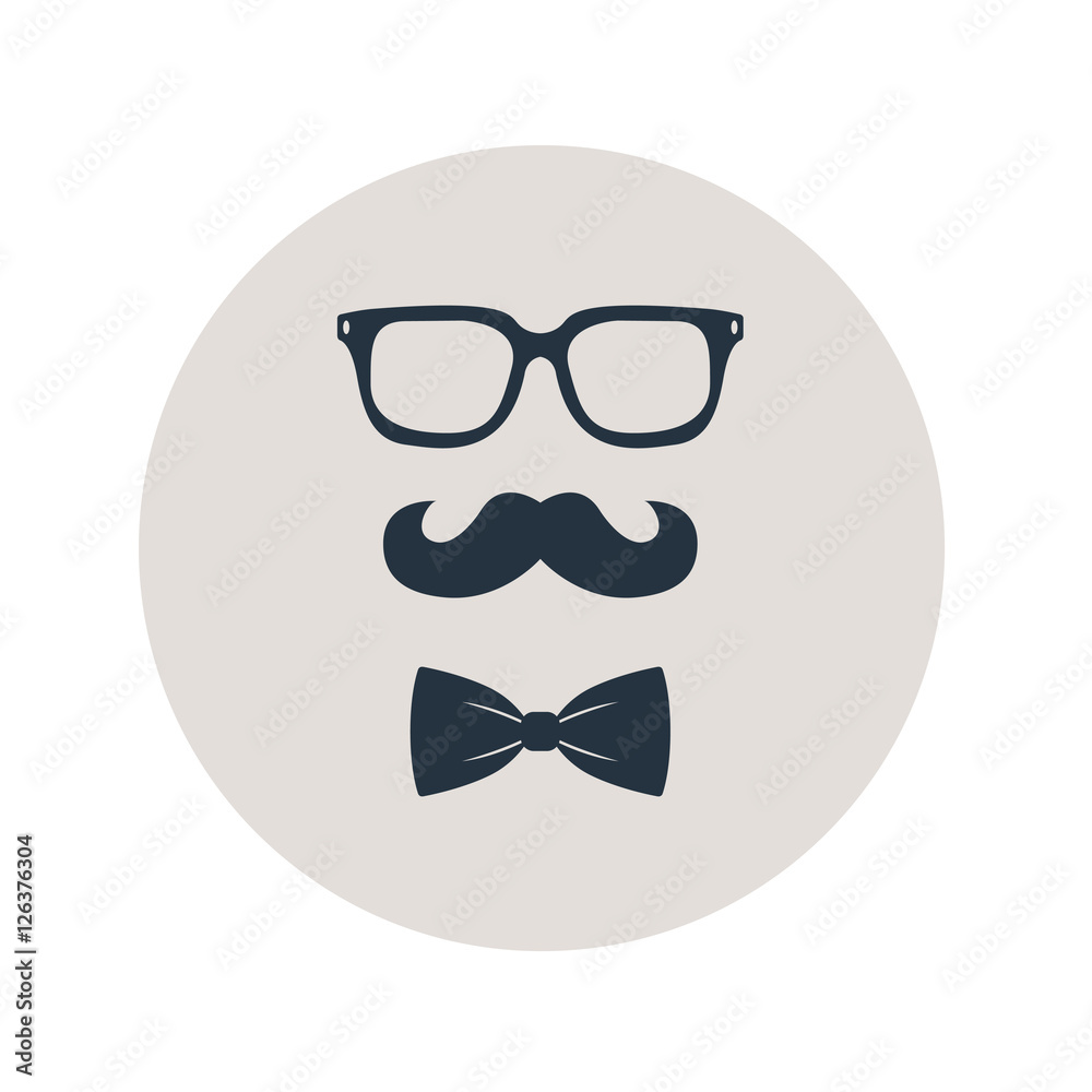 Icono plano bigote gafas y pajarita hipster en circulo gris Icono plano bigote gafas y pajarita hipster en circulo gris