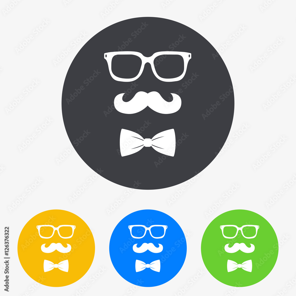 Icono plano bigote gafas y pajarita hipster en circulo varios colores Icono plano bigote gafas y pajarita hipster en circulo varios colores
