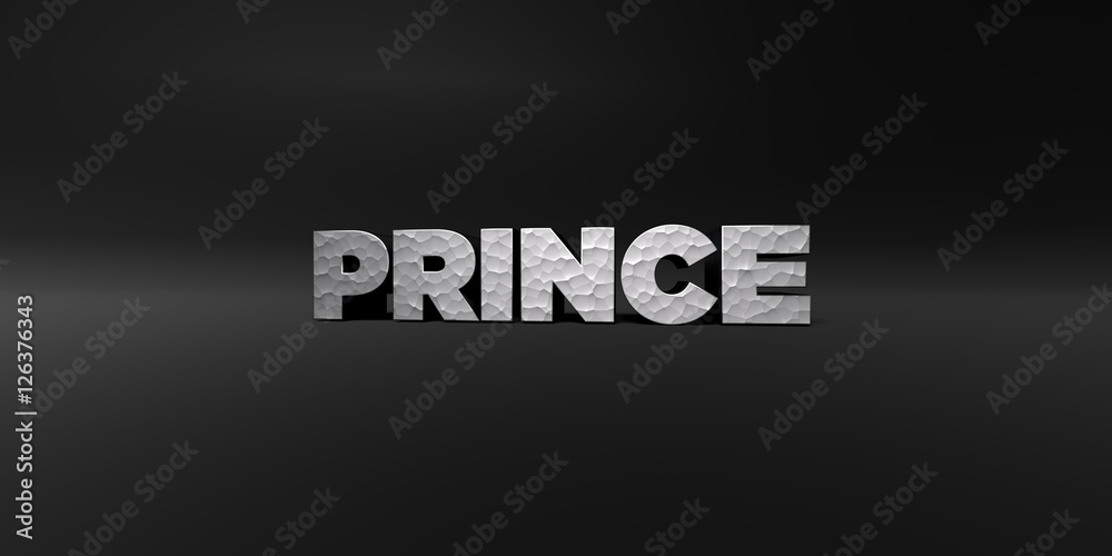 PRINCE - hammered metal finish text on black studio - 3D rendered royalty free stock photo. This image can be used for an online website banner ad or a print postcard. PRINCE - hammered metal finish text on black studio - 3D rendered royalty free stock photo. This image can be used for an online website banner ad or a print postcard.