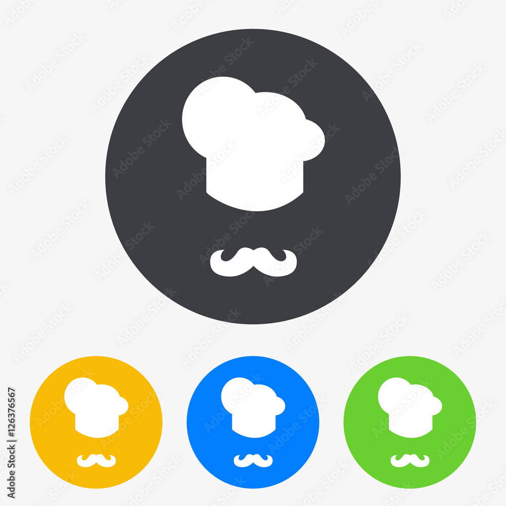 Icono plano gorro cocinero y bigote en circulo varios colores Icono plano gorro cocinero y bigote en circulo varios colores