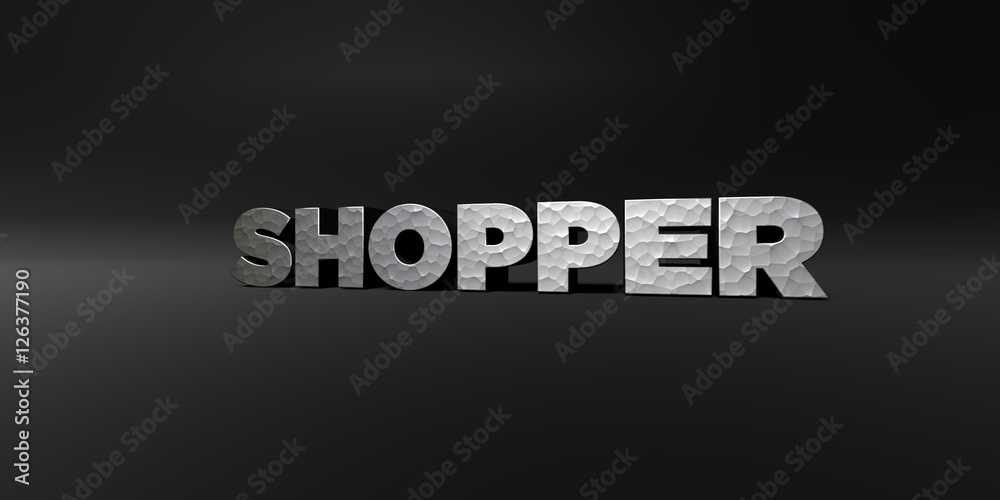 SHOPPER - hammered metal finish text on black studio - 3D rendered royalty free stock photo. This image can be used for an online website banner ad or a print postcard.