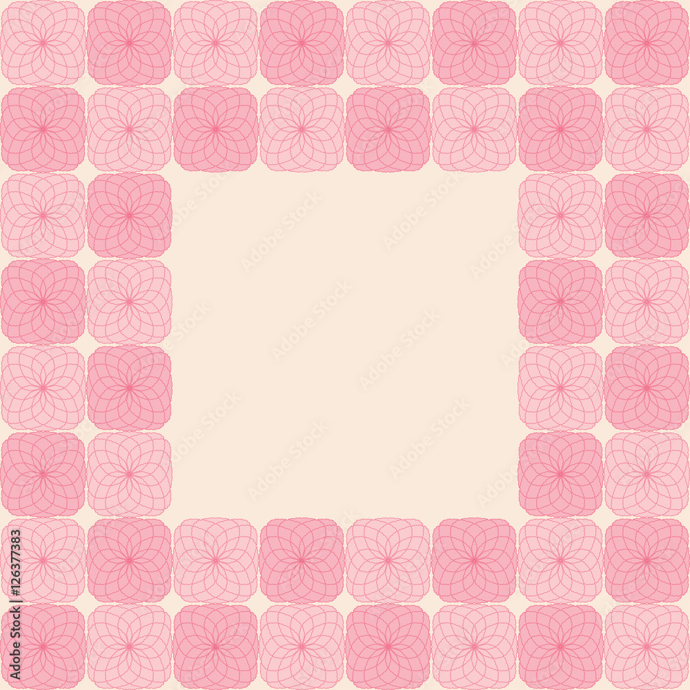 Cute border frame background pattern with repeating pink stylized mosaic graphic ornament on the light background. With space for invitations, poster or greeting cards text. Vector eps illustration