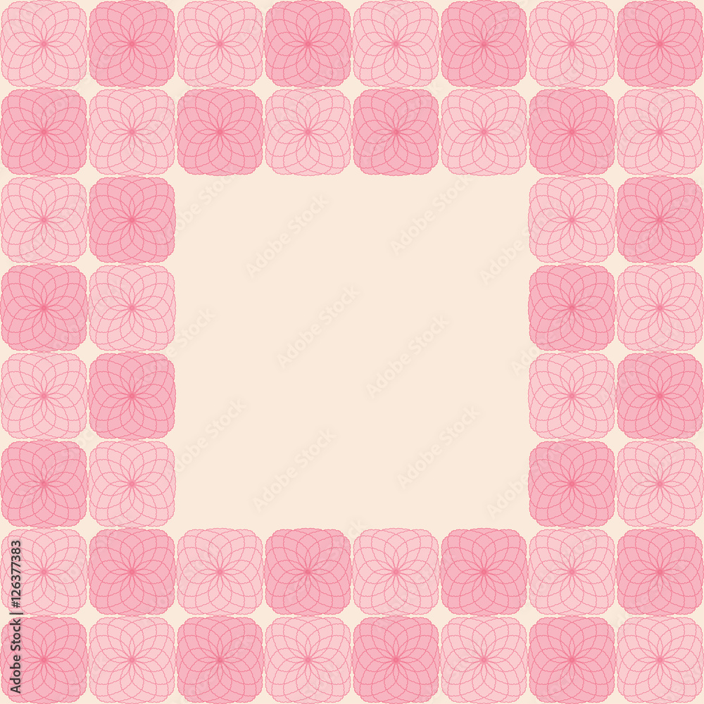 Cute border frame background pattern with repeating pink stylized mosaic graphic ornament on the light background. With space for invitations, poster or greeting cards text. Vector eps illustration Cute border frame background pattern with repeating pink stylized mosaic graphic ornament on the light background. With space for invitations, poster or greeting cards text. Vector eps illustration