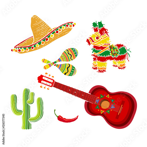 Mexican set - sombrero, pinata, maraca, tequila cactus, chili and spanish guitar, vector illustration isolated on white background. Mexican sombrero, rumba shakers, ornamented pinata, cactus