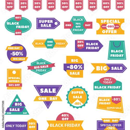 Black Friday Sale badges and labels flat style.