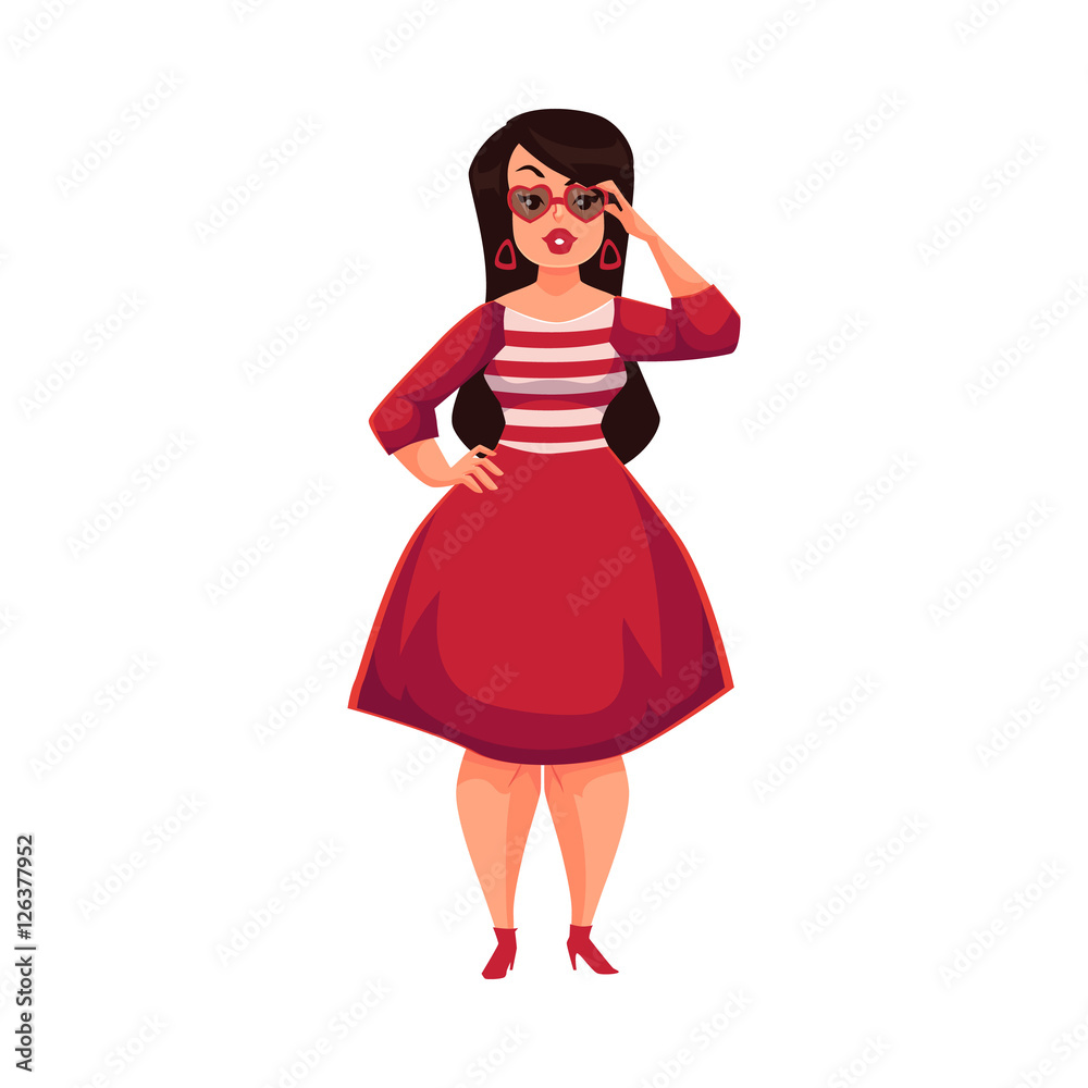 Cute curvy, overweight girl in heart-shaped glasses and fashionable midi  red dress, cartoon vector illustration isolated on white background. Happy  and smiling fat, chubby, curvy girl in red dress Stock Vector |