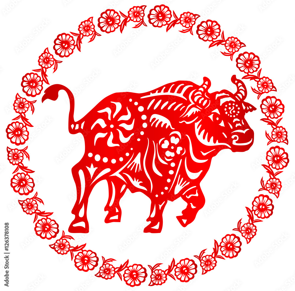 Fototapeta premium Zodiac Sign for Year of Ox, The Chinese traditional paper-cut art