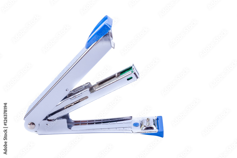 Office tool, open action of blue staplers on white background. Office tool, open action of blue staplers on white background.