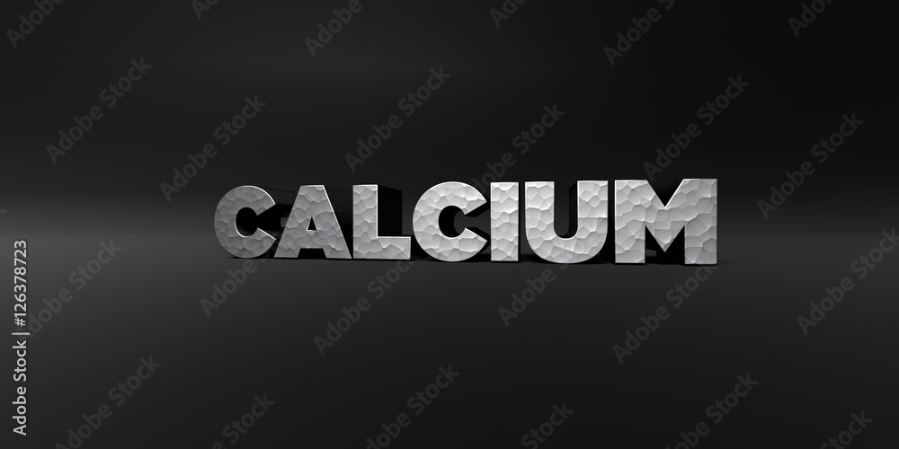 CALCIUM - hammered metal finish text on black studio - 3D rendered royalty free stock photo. This image can be used for an online website banner ad or a print postcard.