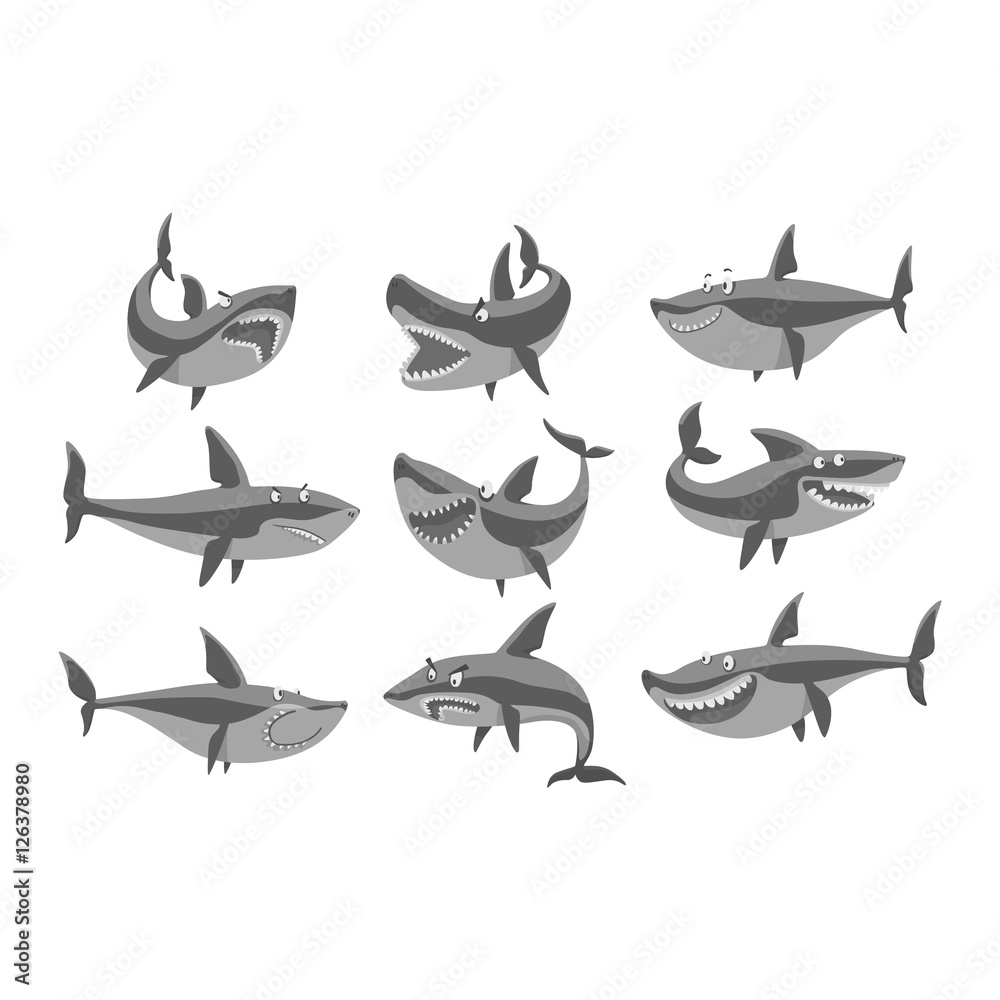Fototapeta premium Vector shark character set.