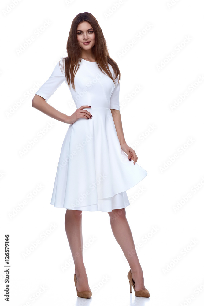 Woman in white short dress fashion catalog clothing beauty Woman in white short dress fashion catalog clothing beauty