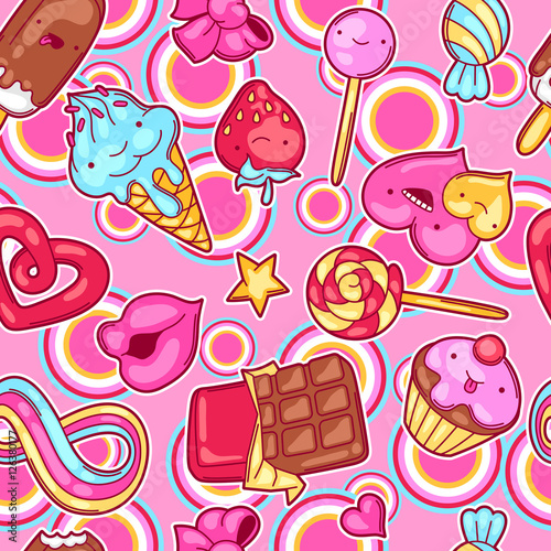 Seamless kawaii pattern with sweets and candies. Crazy sweet-stuff in cartoon style